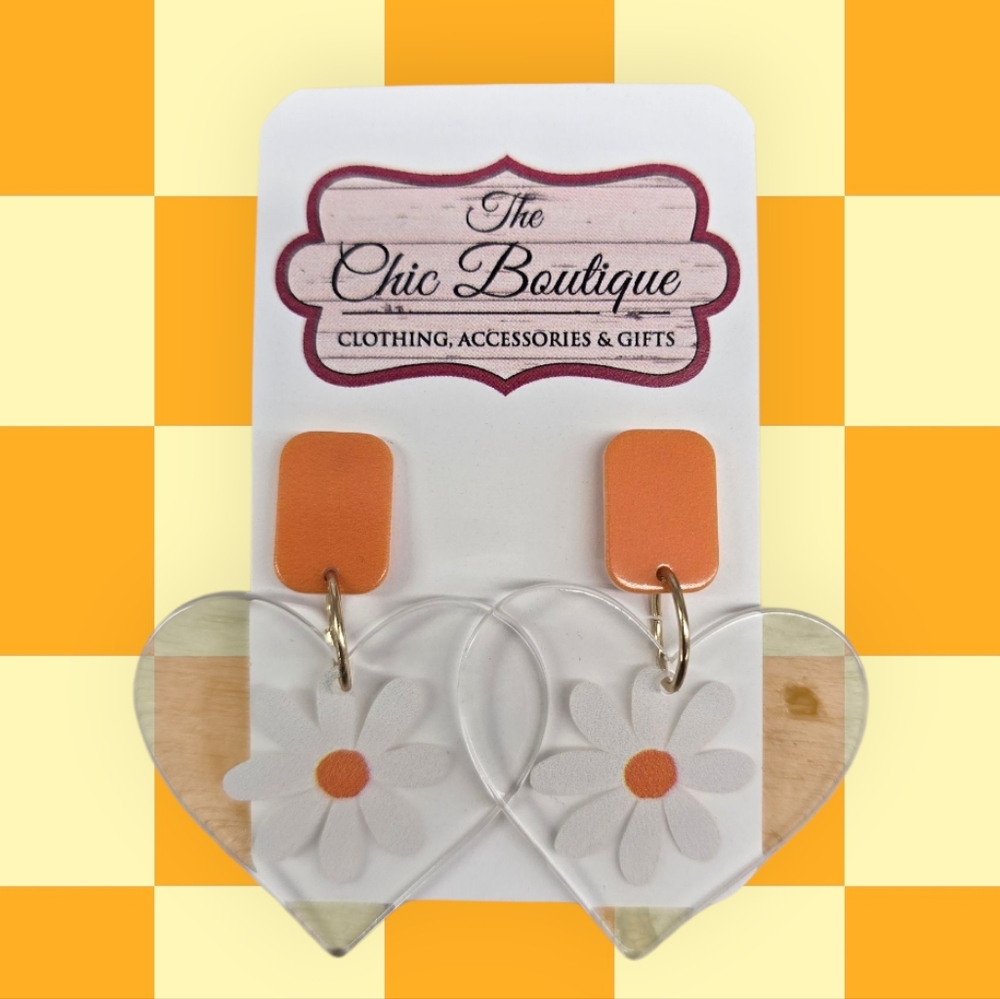 Orange and Clear Heart‎ Floral Earrings